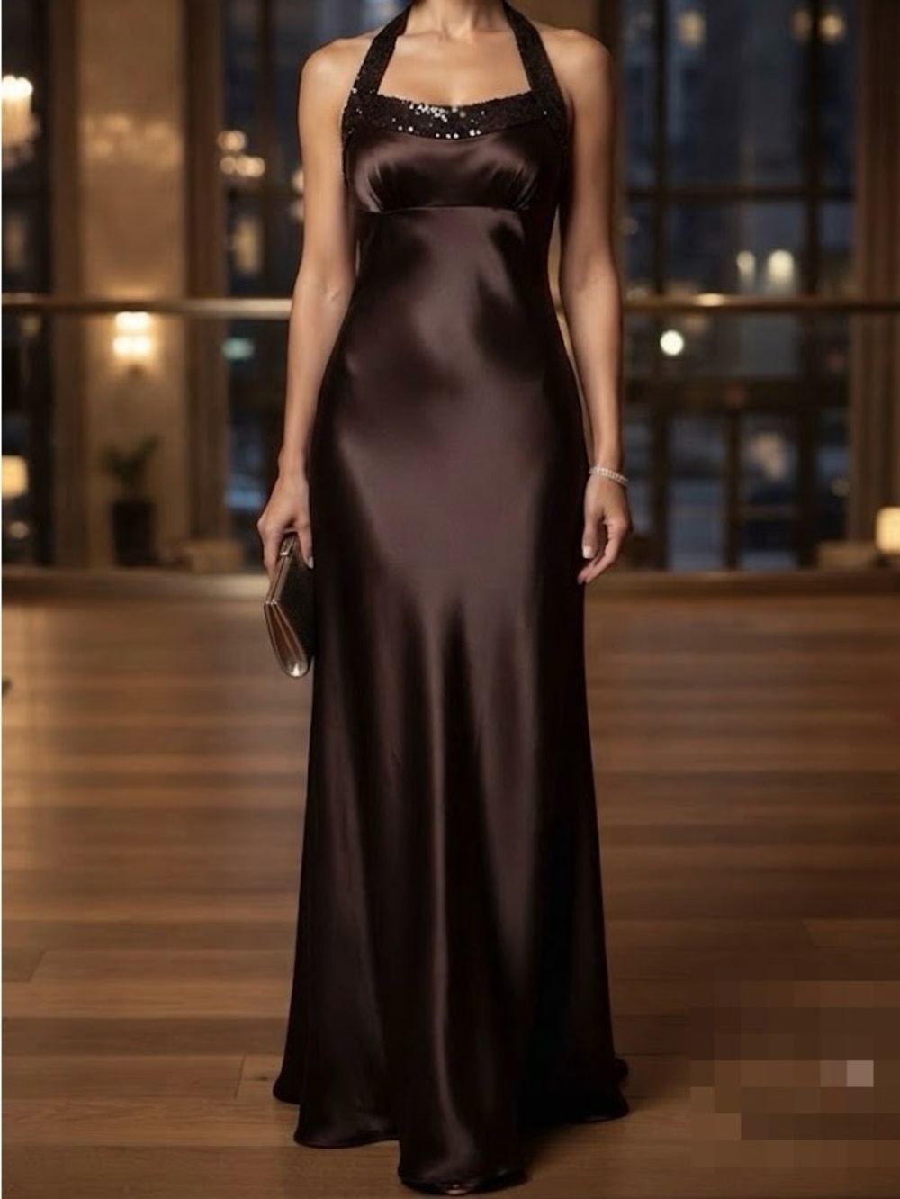 NWT Oblique Chocolate Brown Satin Silky Formal Gown Dress Wedding Gala Sequins